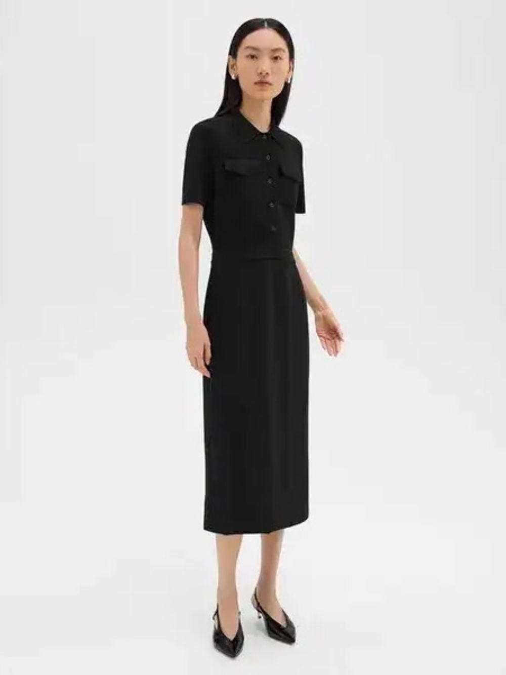 Theory Black Short-Sleeve Button Front Midi Skirt
